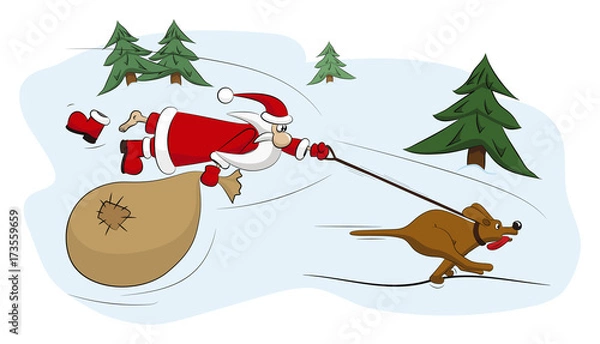Obraz Santa Claus is flying behind a fast rushing dog.