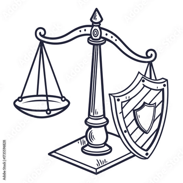 Obraz Vector art of scales of justice with shield symbol of law, fairness, and protection, representing balance, equality, and legal defense in the judicial system
