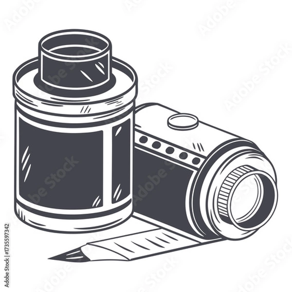 Fototapeta Illustration of two rolls of film, one standing upright and the other lying on its side, with a strip of film trailing out, perfect for photography concepts