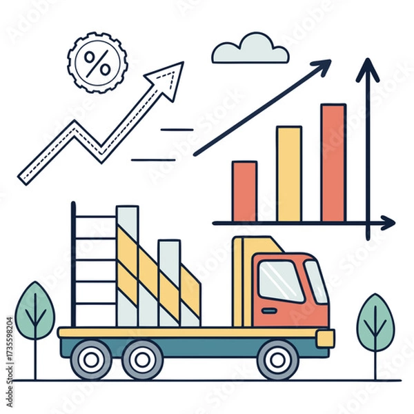 Fototapeta Illustration of a flatbed truck carrying bars with rising graph, representing business growth, the truck symbolizes transportation and logistics