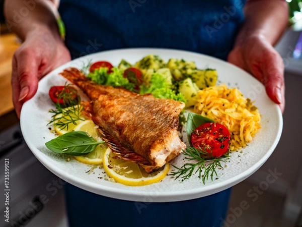 Fototapeta Woman holding plate with fried atlantic redfish with boiled potatoes and sauerkraut, close-up	