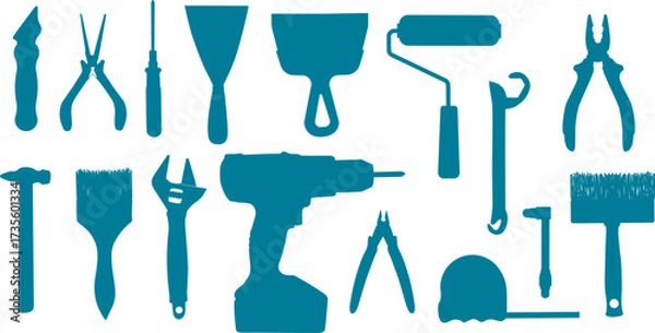 Fototapeta Proffesional tools for builder, installer, locksmith, engineer, repair. Vector isolated silhouette elements