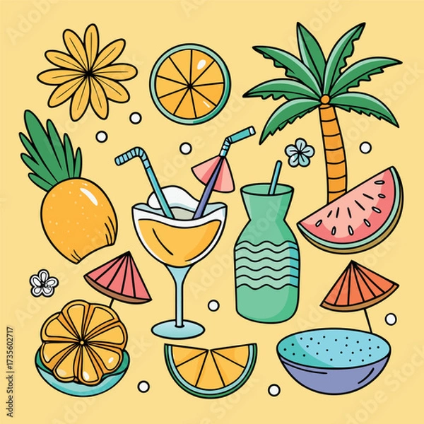 Fototapeta Colorful doodle illustration of tropical drinks, citrus fruits, palm leaves, and summer vibes