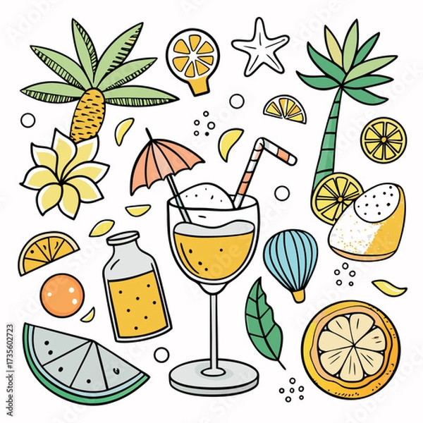 Fototapeta Colorful doodle illustration of tropical drinks, citrus fruits, palm leaves, and summer vibes