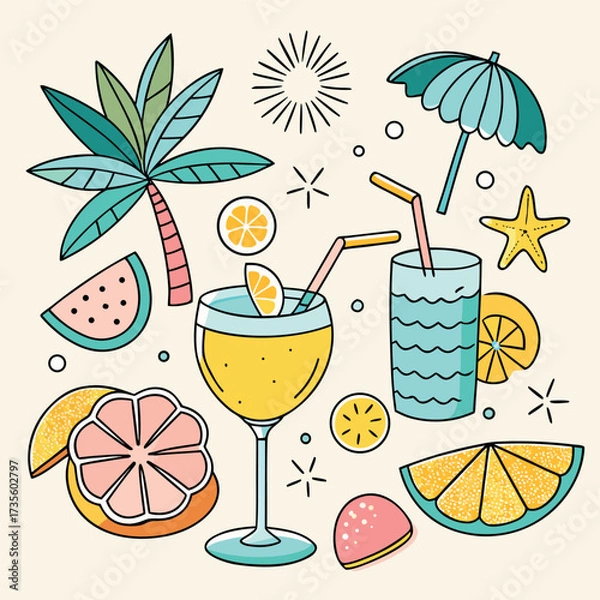 Fototapeta Colorful doodle illustration of tropical drinks, citrus fruits, palm leaves, and summer vibes