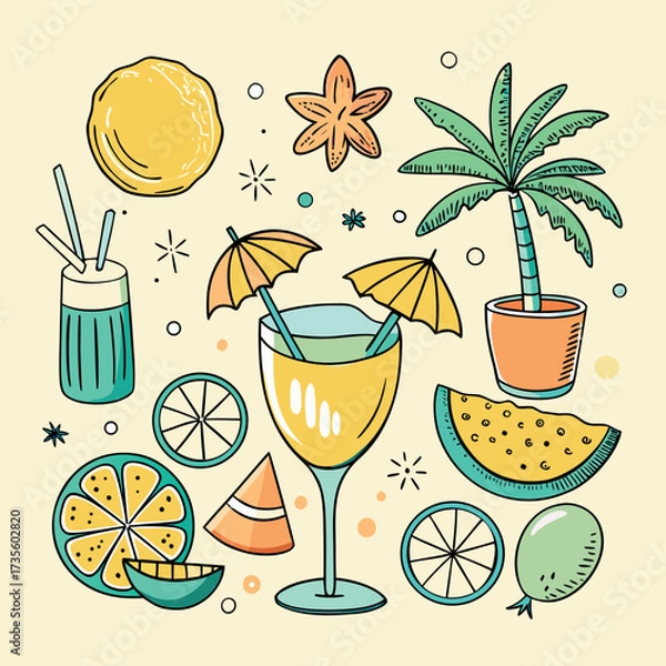 Fototapeta Colorful doodle illustration of tropical drinks, citrus fruits, palm leaves, and summer vibes