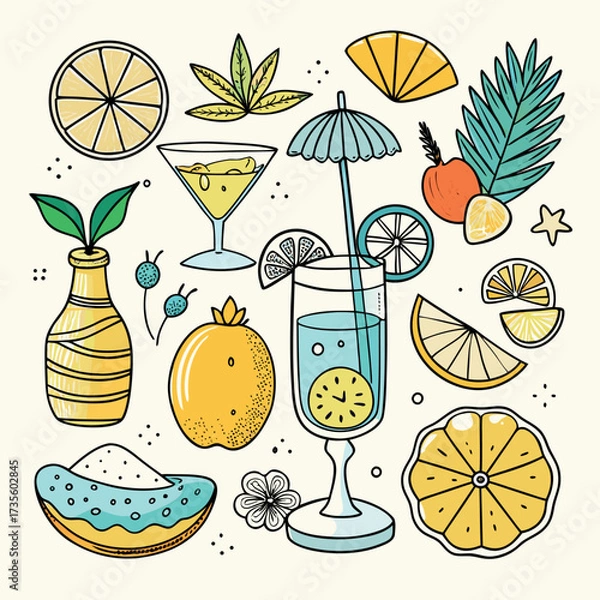 Fototapeta Colorful doodle illustration of tropical drinks, citrus fruits, palm leaves, and summer vibes