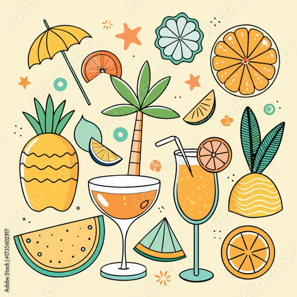 Fototapeta Colorful doodle illustration of tropical drinks, citrus fruits, palm leaves, and summer vibes