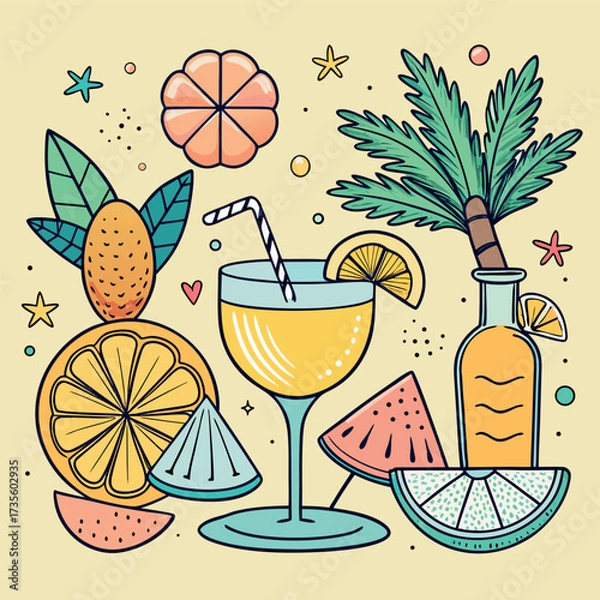 Fototapeta Colorful doodle illustration of tropical drinks, citrus fruits, palm leaves, and summer vibes