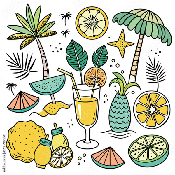 Fototapeta Colorful doodle illustration of tropical drinks, citrus fruits, palm leaves, and summer vibes