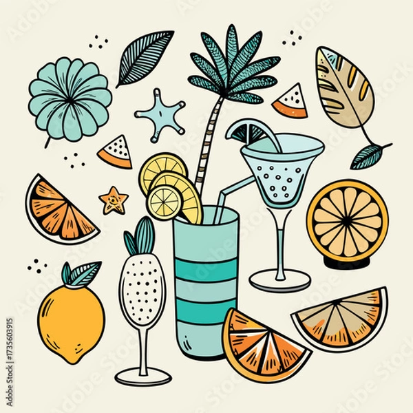 Fototapeta Colorful doodle illustration of tropical drinks, citrus fruits, palm leaves, and summer vibes