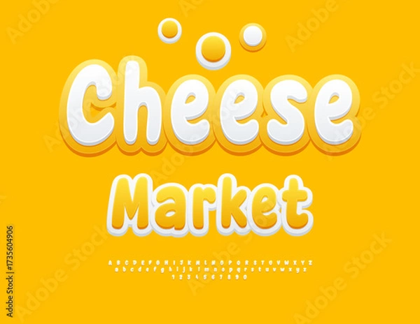 Fototapeta Vector Grocery Advertisement Cheese Market. Unique White Font. Cute Round Alphabet Letters and Numbers set.
