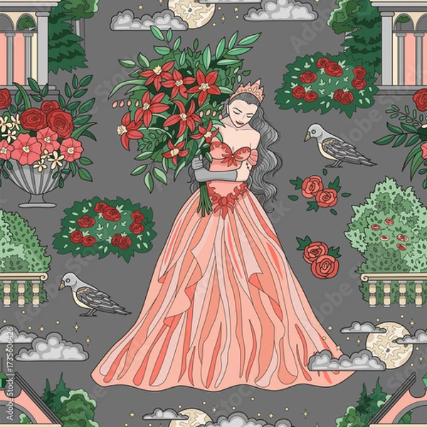 Fototapeta Colorful seamless pattern with princess holding bunch of flowers and fantasy elements for fabric, wallpaper, scrapbooking. Cartoon vector illustration