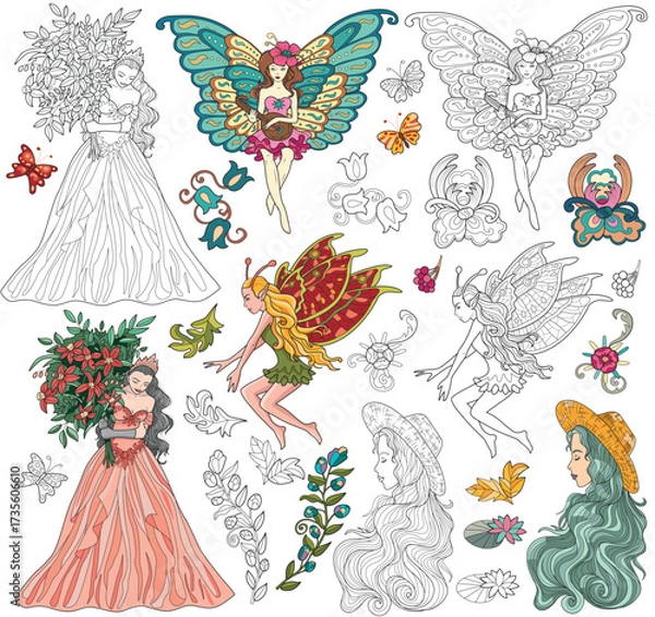 Fototapeta Fantasy design set with beautiful fairy Elf princess and floral elements. Vector line art illustrations for clipart, stickers, coloring book isolated on white background. 