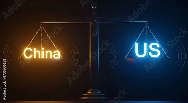 Obraz Scales balance china and us in a dark room with neon lights, representing the economic and political rivalry between the two countries, creating a serious and tense atmosphere.