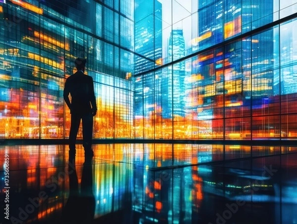 Fototapeta digital background with a man figure in a modern business space