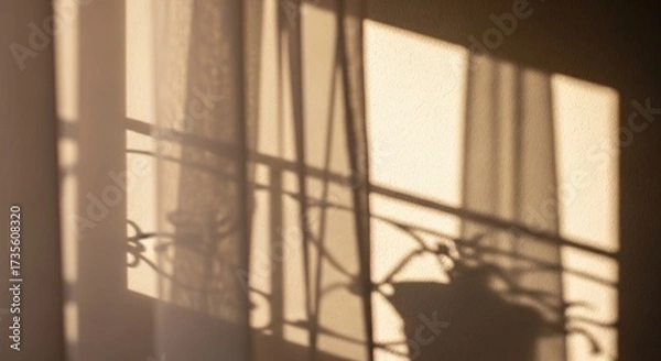 Fototapeta Golden hour sunlight casting window and balcony shadows.