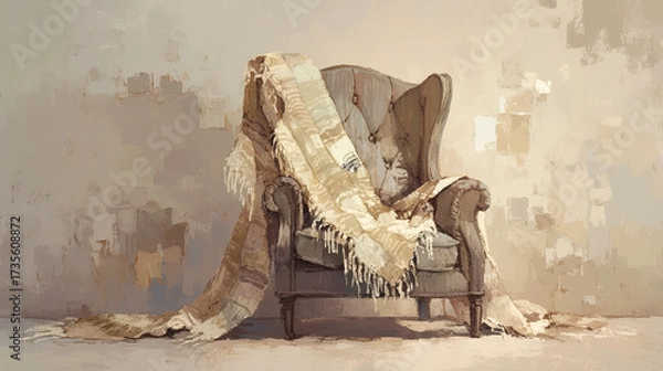 Fototapeta Cozy armchair draped with a textured blanket, set against a softly colored wall, creating a warm and inviting atmosphere for relaxation and comfort