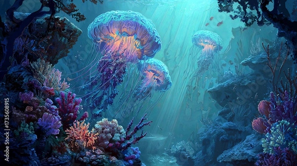 Fototapeta Colorful jellyfish gracefully swimming in a vibrant underwater scene surrounded by coral reefs, showcasing the beauty of marine life and ocean ecosystems