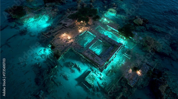Fototapeta Underwater ruins illuminated by soft blue lights, showcasing ancient architecture submerged in clear water, surrounded by coral and marine life, creating a serene and mysterious atmosphere
