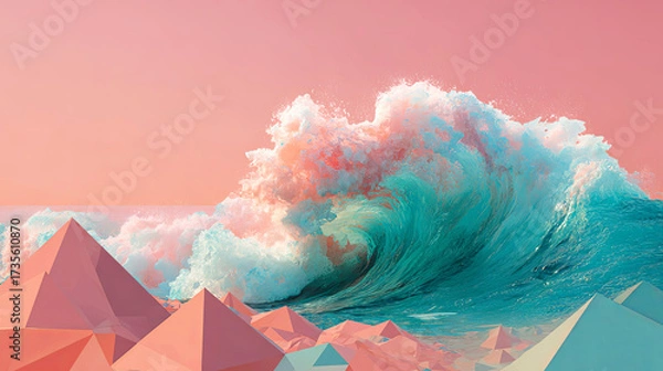 Fototapeta Vibrant wave crashing against geometric pink pyramids under a pastel sky, creating a surreal landscape that blends nature with abstract art and modern design concepts