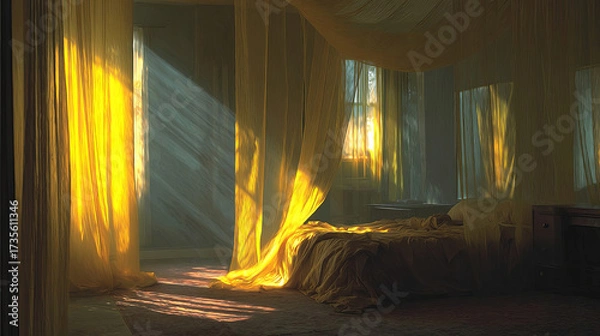 Fototapeta Bright, sunlit bedroom with sheer yellow curtains, soft bedding, and warm light streaming through windows, creating a serene and inviting atmosphere for relaxation and comfort