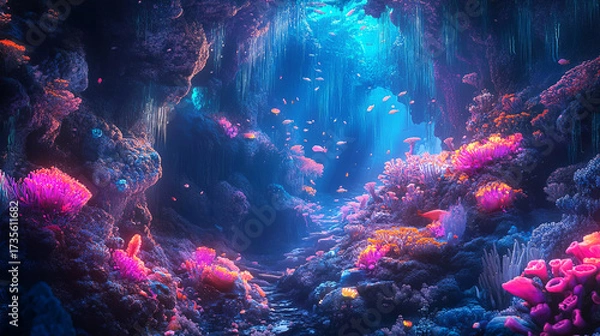 Fototapeta Vibrant underwater scene featuring colorful coral reefs, diverse marine life, and shimmering light rays illuminating the ocean depths, creating a magical aquatic environment