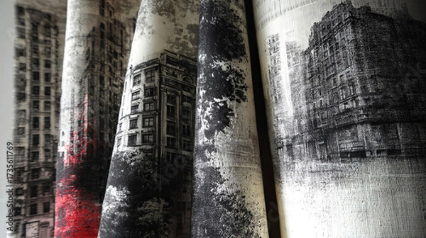 Fototapeta Artistic fabric featuring urban architecture prints in monochrome tones, showcasing intricate details and textures, perfect for modern interior design and creative projects