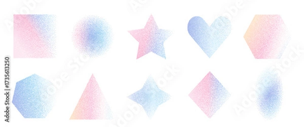 Fototapeta Pink and blue grainy gradation figures. Noise gradient geometric shapes set. Geometry dotwork transition forms. Vector gritty blur stickers. Pastel soft colors geometry callout figures.