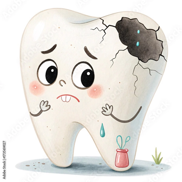Fototapeta A cheerful tooth with a cracked surface shows signs of distress, highlighting the importance of dental care. A small jar nearby hints at dental treatment solutions