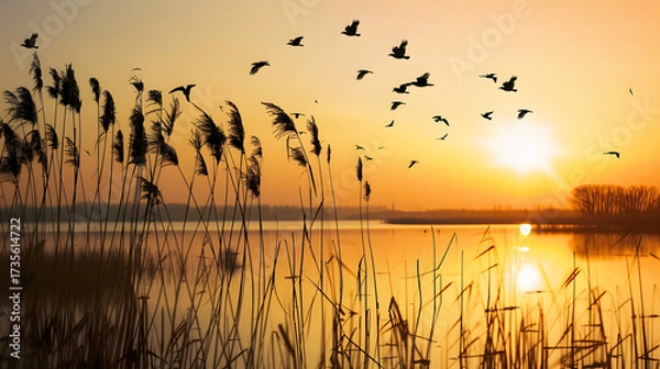 Obraz Geese Flying Over a Beautiful Sunset: V-Formation Flock Gliding Through Golden, Orange & Pink Sky Hues, Casting Silhouettes Against Warm Dusk Light for a Serene Natural Landscape