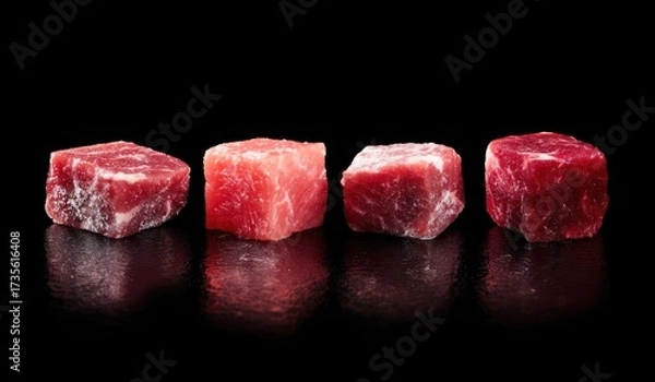 Fototapeta Four Cubes of Fresh Tuna on a Reflective Surface.