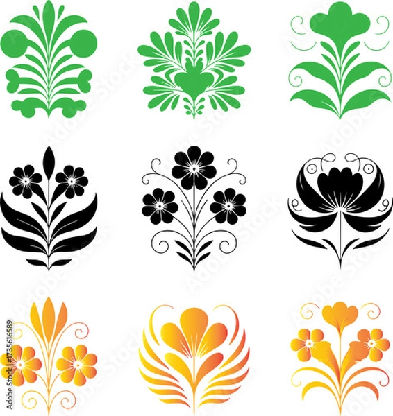 Obraz Collection of decorative flourish embellishments in green and black abstract floral designs