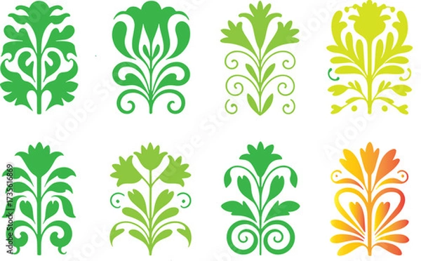 Obraz Abstract floral motifs with vibrant green yellow orange hues on a white surface