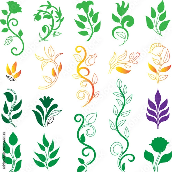 Obraz Collection of decorative floral and leafy vine elements in green and subtle pastel colors