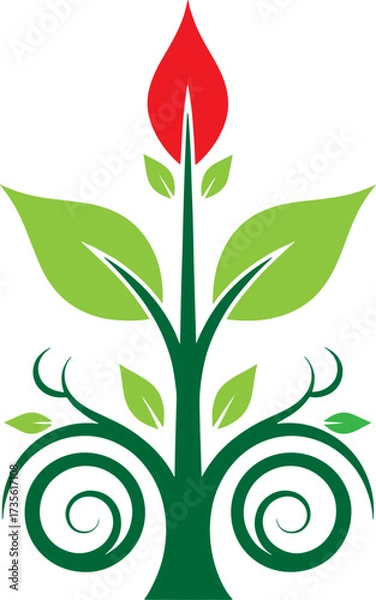 Obraz Stylized blooming plant symbol with red bud and green leaves growth concept