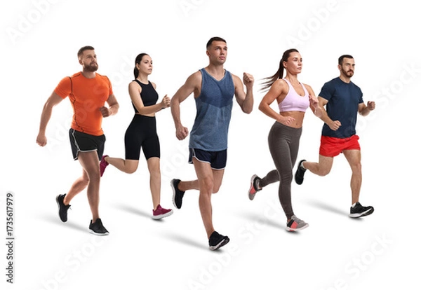 Fototapeta Sporty men and women running on white background