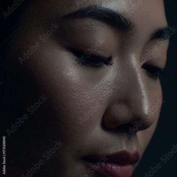 Obraz A moody, atmospheric close-up portrait of a serene Asian woman with her eyes closed. The dramatic, low-key lighting highlights her natural skin texture.
