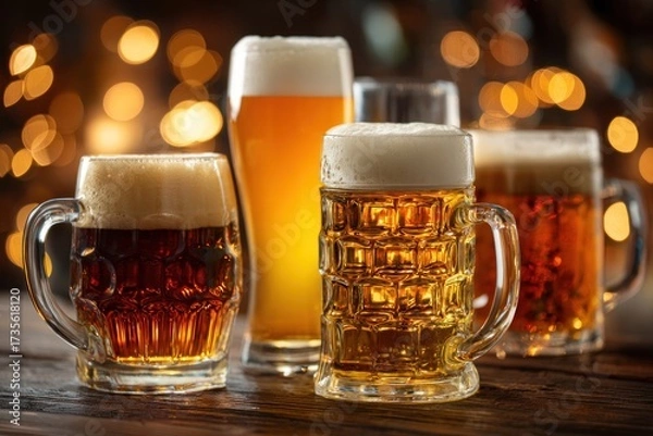 Obraz Four Mugs of Beer with Bokeh Lights Background.