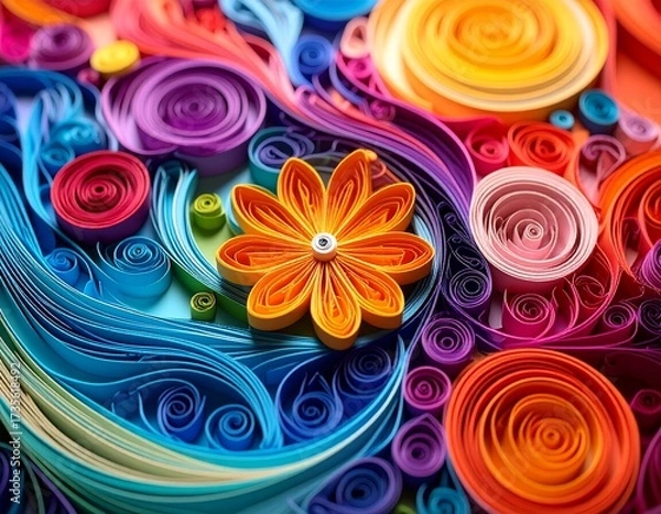 Obraz A vibrant, macro close-up of a colorful paper quilling artwork, focusing on a central flower. Intricate paper coils and waves create a beautiful abstract texture.