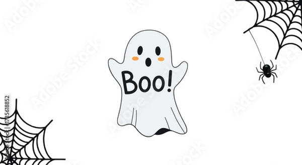 Fototapeta Cute ghost with boo message and spiderwebs for halloween decorations flatlay