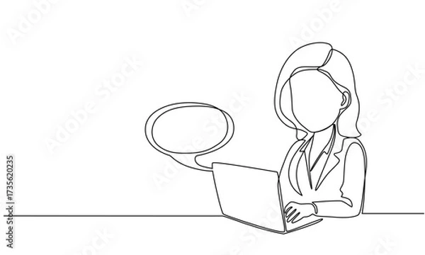 Fototapeta Woman with laptop computer in one continuous line drawing. Symbol of online texting and dialogue.
