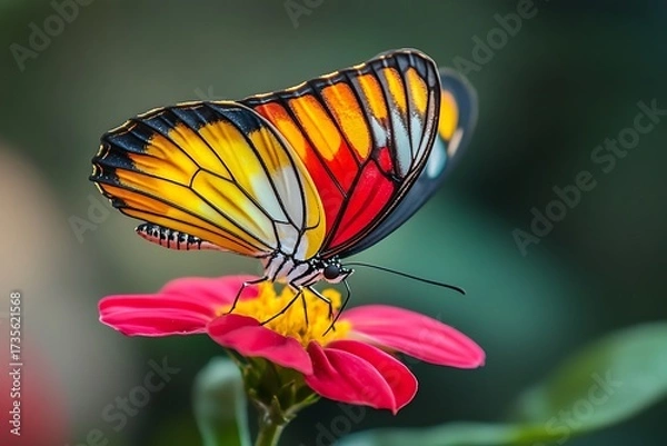 Fototapeta A vibrant, multicolored butterfly delicately perched on a bright pink flower, a breathtaking moment of nature's artistry with sharp focus and blurred background.