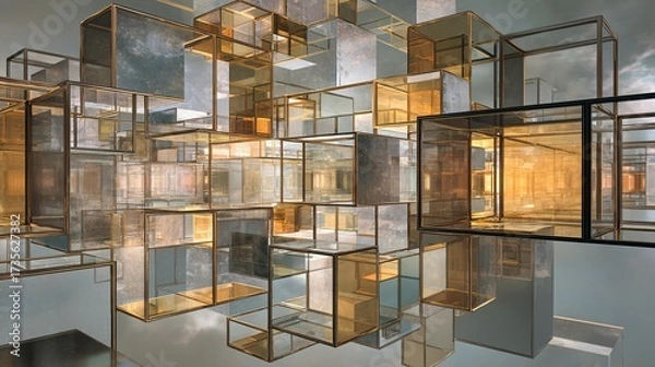 Obraz An abstract composition of floating translucent cubes with golden-brown metal frames, reflecting a cloudy sky