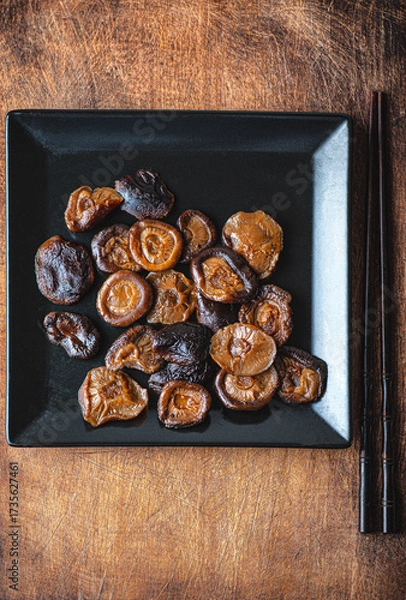 Fototapeta Japanese shiitake mushrooms marinated on rustic wooden background 