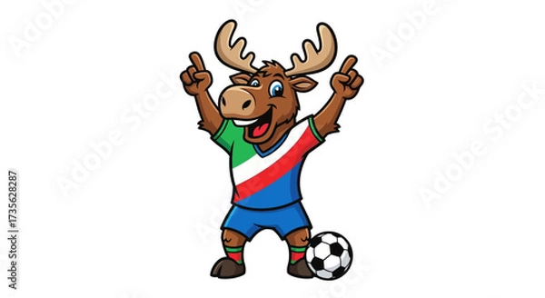 Fototapeta Cheerful moose soccer player cartoon character celebrating with Italian team colors and a ball