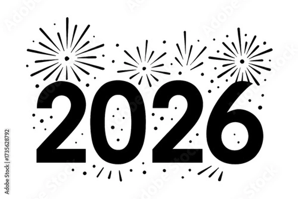 Fototapeta Festive black fireworks with bold 2026 text on white background. Minimalist New Year celebration vector design perfect for holiday cards, posters, banners, and party invitations