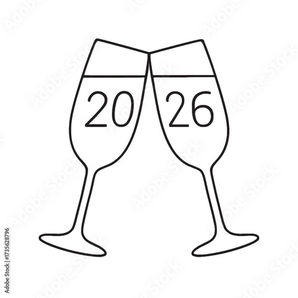 Fototapeta Minimalist black outline of champagne glasses clinking, forming 2026 with numbers split between them. Elegant New Year celebration vector for holiday cards, posters, and festive designs.
