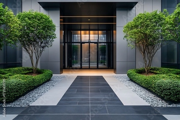Fototapeta Modern office entryway featuring simple greenery and subtle branding