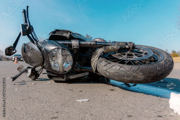 Fototapeta A wrecked motorcycle (bike) lies on its side on the asphalt after a traffic accident. It lies on the roadway after an accident. The headlight and handlebars are broken. Hazard and insurance concept.